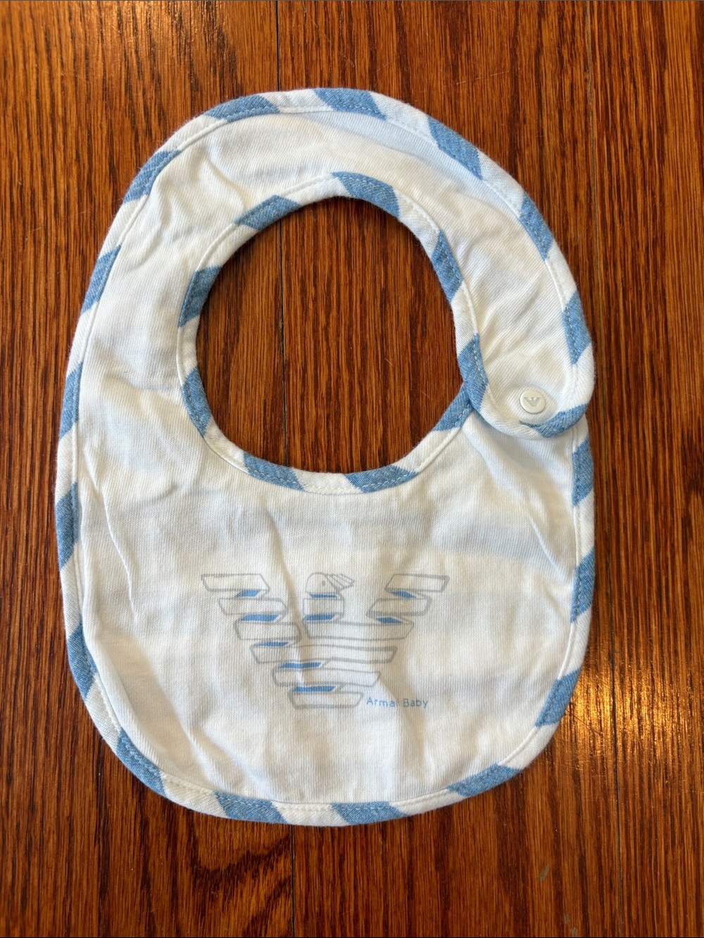Giorgio Armani Baby White Bib with Blue Trim and Logo